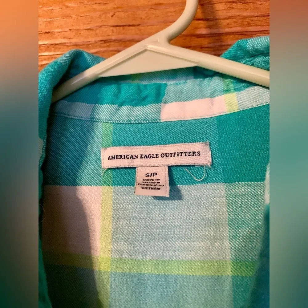 American Eagle Turquoise Blue Button Down Plaid Shirt Small - Picture 3 of 9